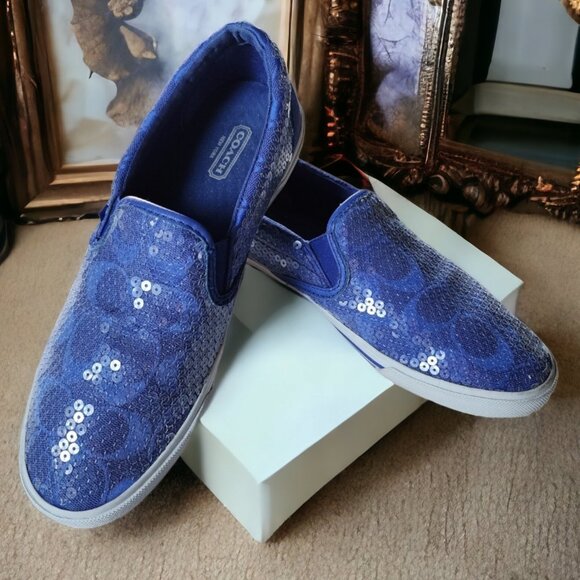 COACH Royal Blue Jacquard Sequined Slip Ons 7 1/2B - Picture 1 of 11